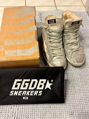 Golden Goose Silver-Gray High-Top Sneakers with White Star
